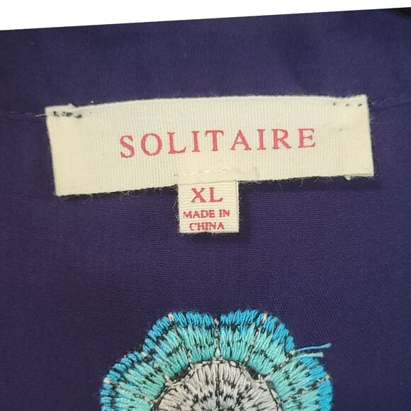 Solitaire Navy Blue Long Sleeve Embroidered Tunic Top XL Rayon Button Roll-Up Sl - Picture 2 of 16